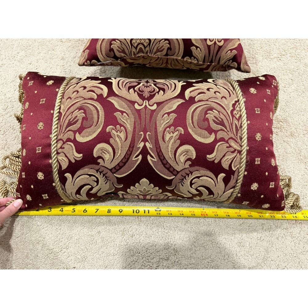 Croscill Burgundy Gold Bed Accent Pillow Set Tassel Fringe Damask Decorative - Picture 2 of 7